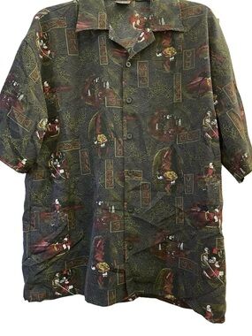Y2K Authentic Shaolin Shirt Asian Samurai Allover Graphic Button Down Men's Sz M